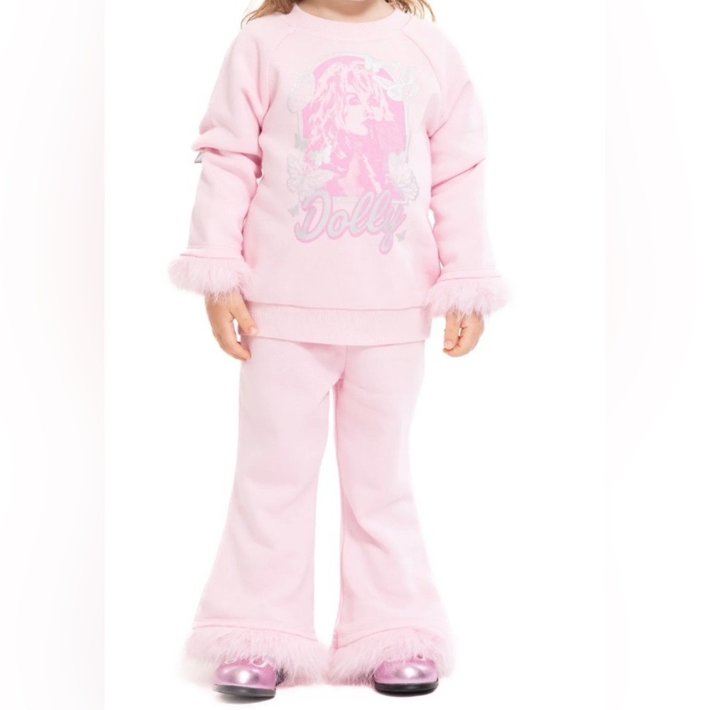 BRAND NEW Dolly Parton Toddler Faux Fur Trim Graphic Sweatshirt&Flare Pants Set,